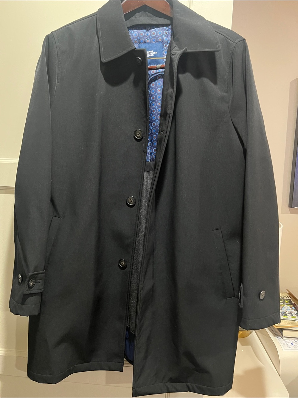Hart Schaffner Marx Black Trench Coat with Blue Lining